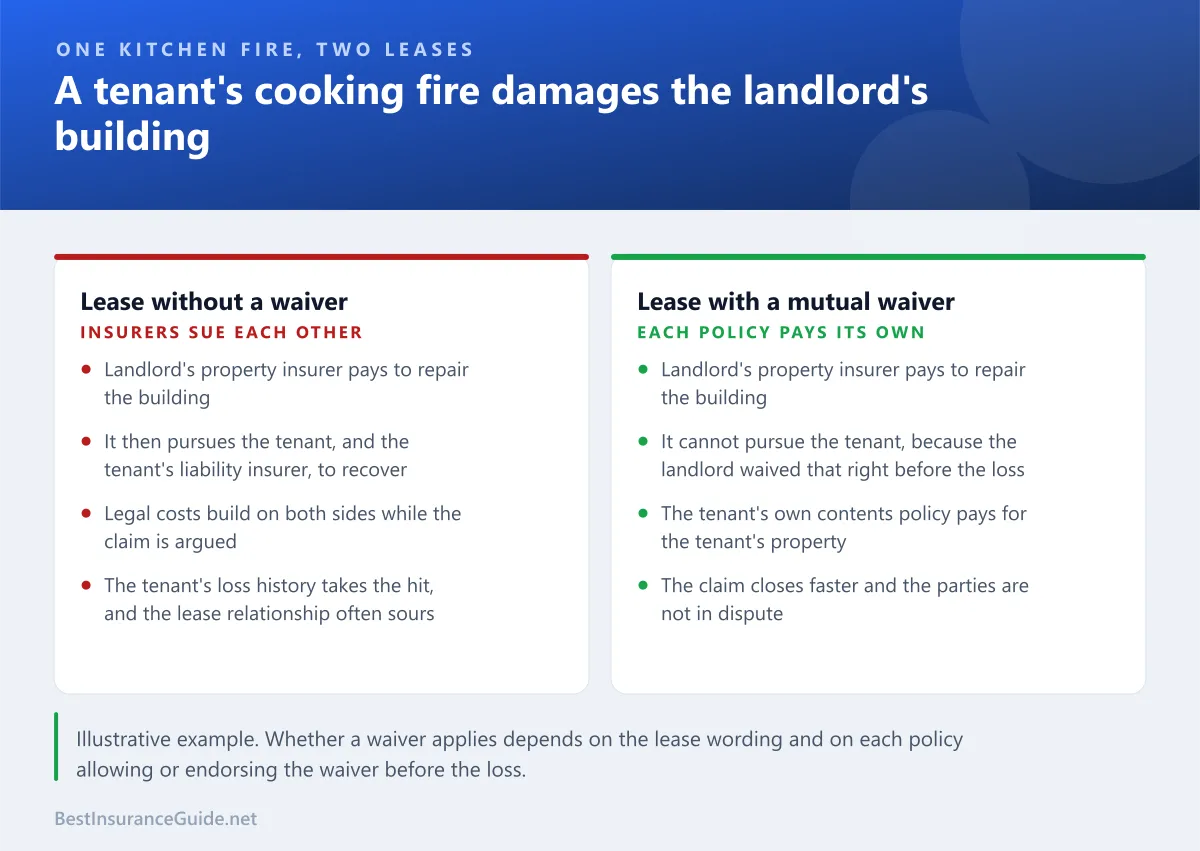 Comparison of the same warehouse fire loss with and without a waiver of subrogation in the lease