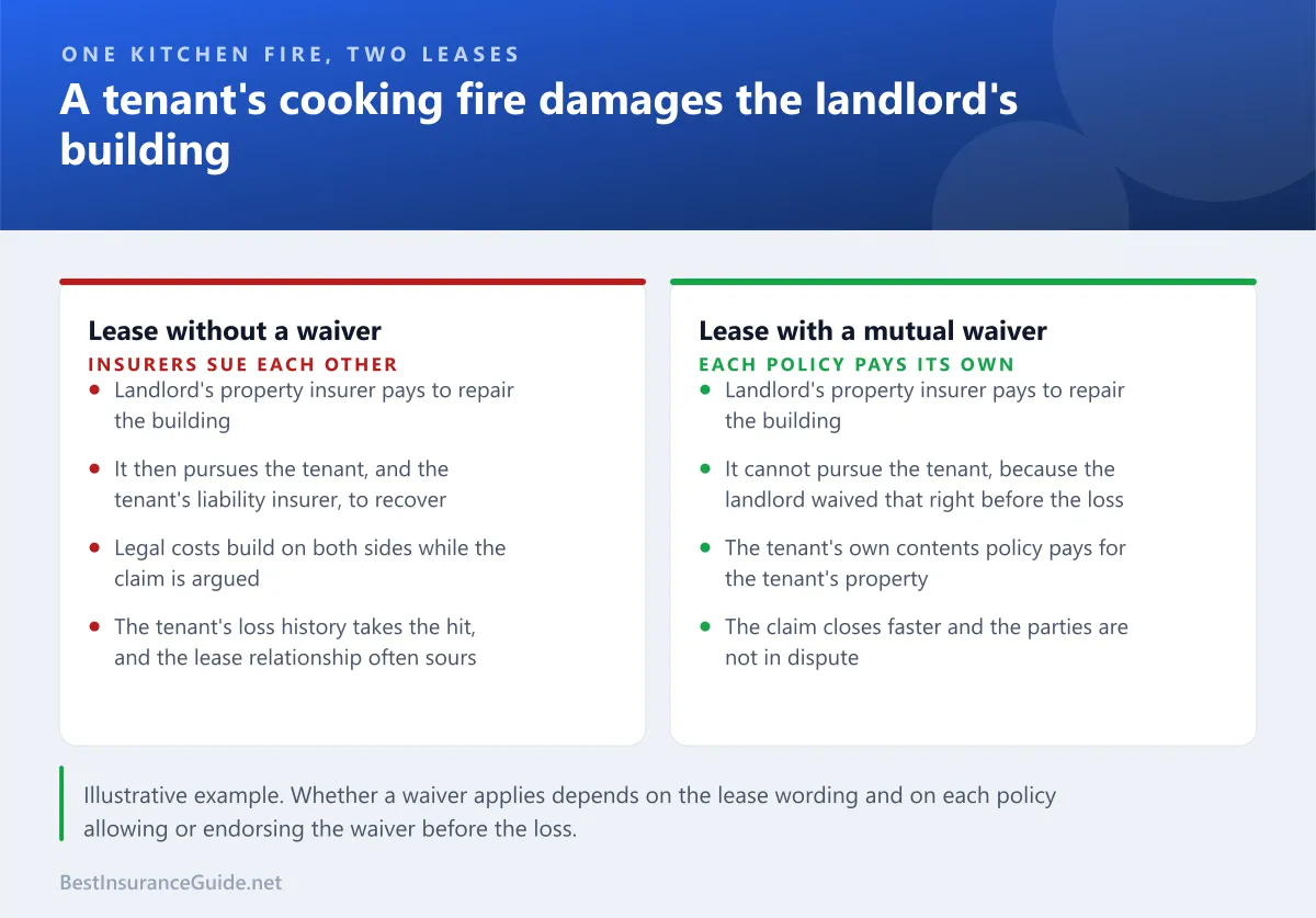 Comparison of the same warehouse fire loss with and without a waiver of subrogation in the lease