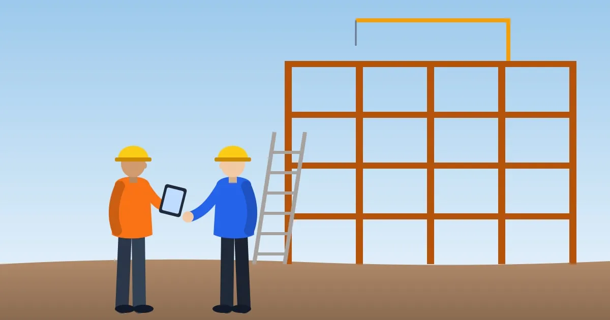 Illustration of a general contractor and a subcontractor reviewing a contract on a tablet at a construction site