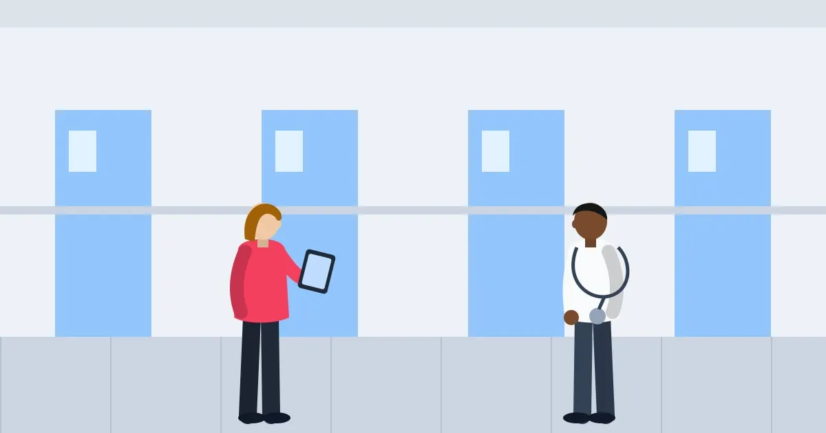 Illustration of a puzzled patient checking a phone in a hospital corridor as a doctor walks past