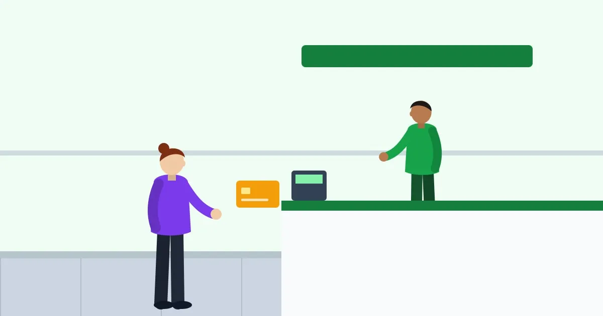 Illustration of a patient paying with a card at a doctor’s reception desk