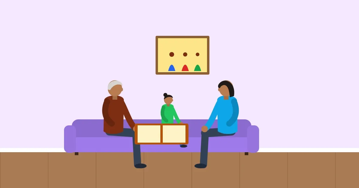 Illustration of a grandmother, mother and child looking at a photo album together on the sofa