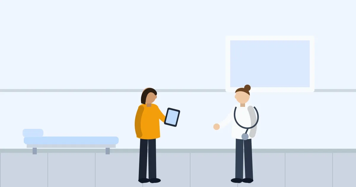 Illustration of a patient holding an insurance statement while talking with a doctor in a consultation room