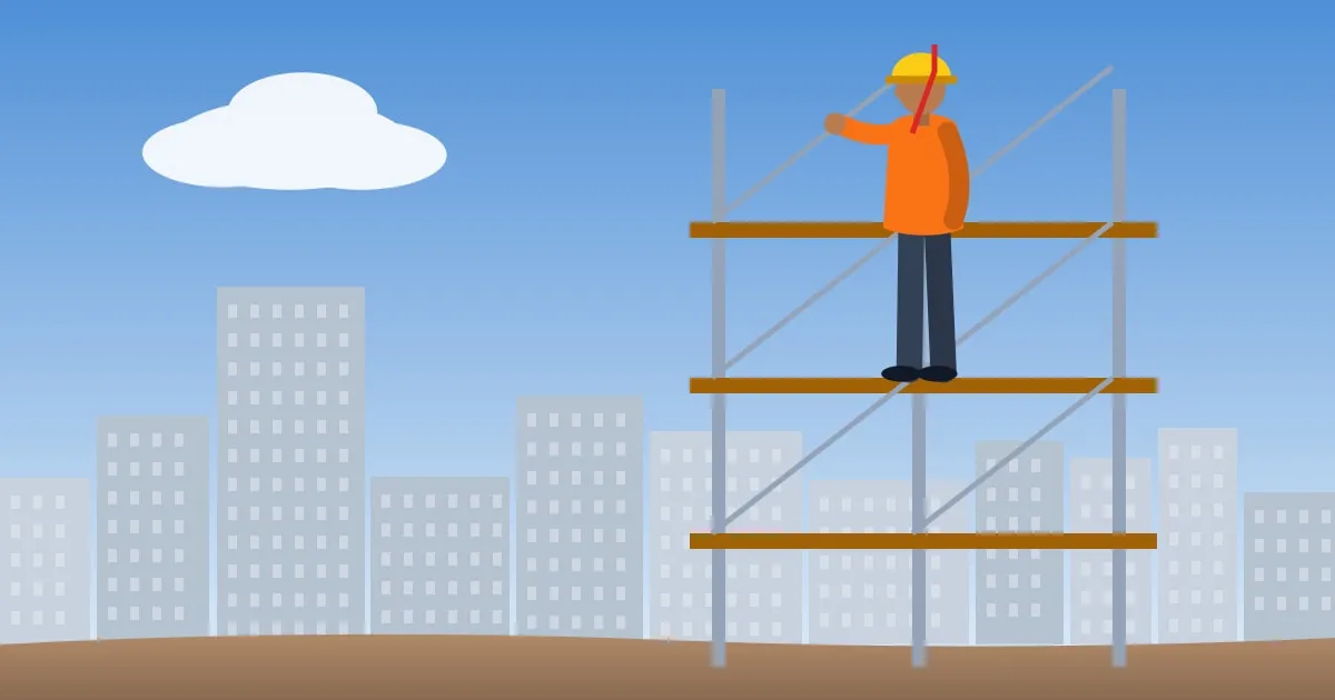Illustration of a construction worker in a hard hat and safety harness on a scaffold against a blue sky