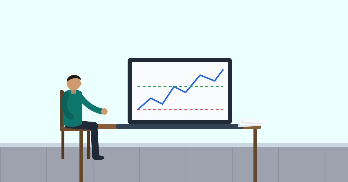 Illustration of a man reviewing a market index chart on his laptop beside life insurance documents