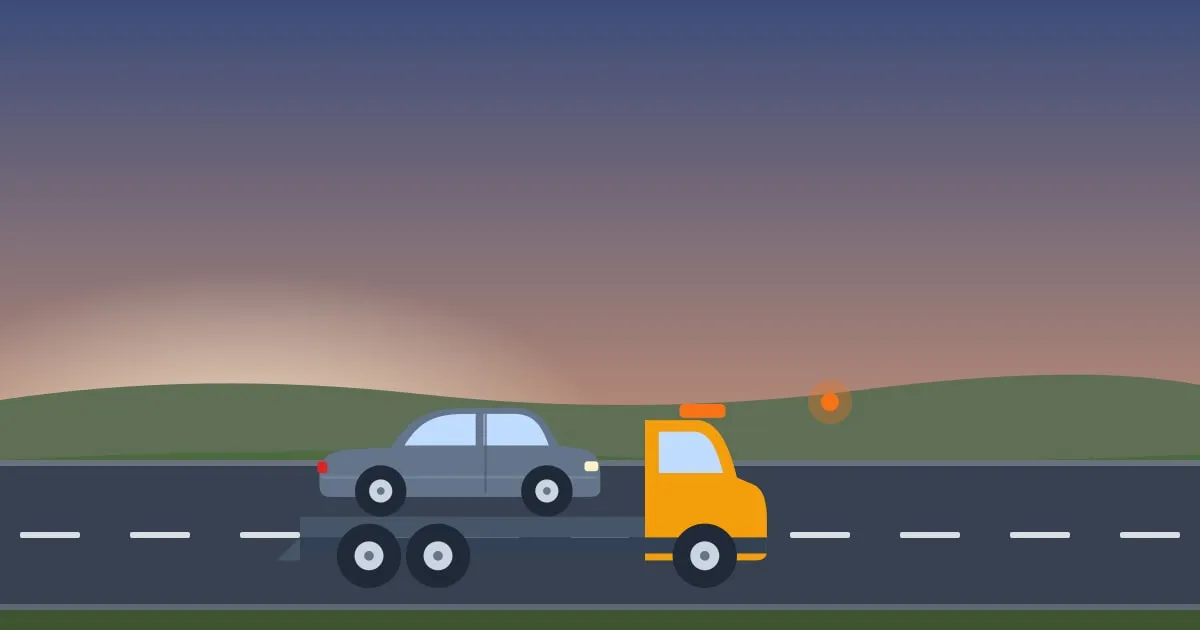 Illustration of a flatbed tow truck carrying a broken-down car along a highway at dusk