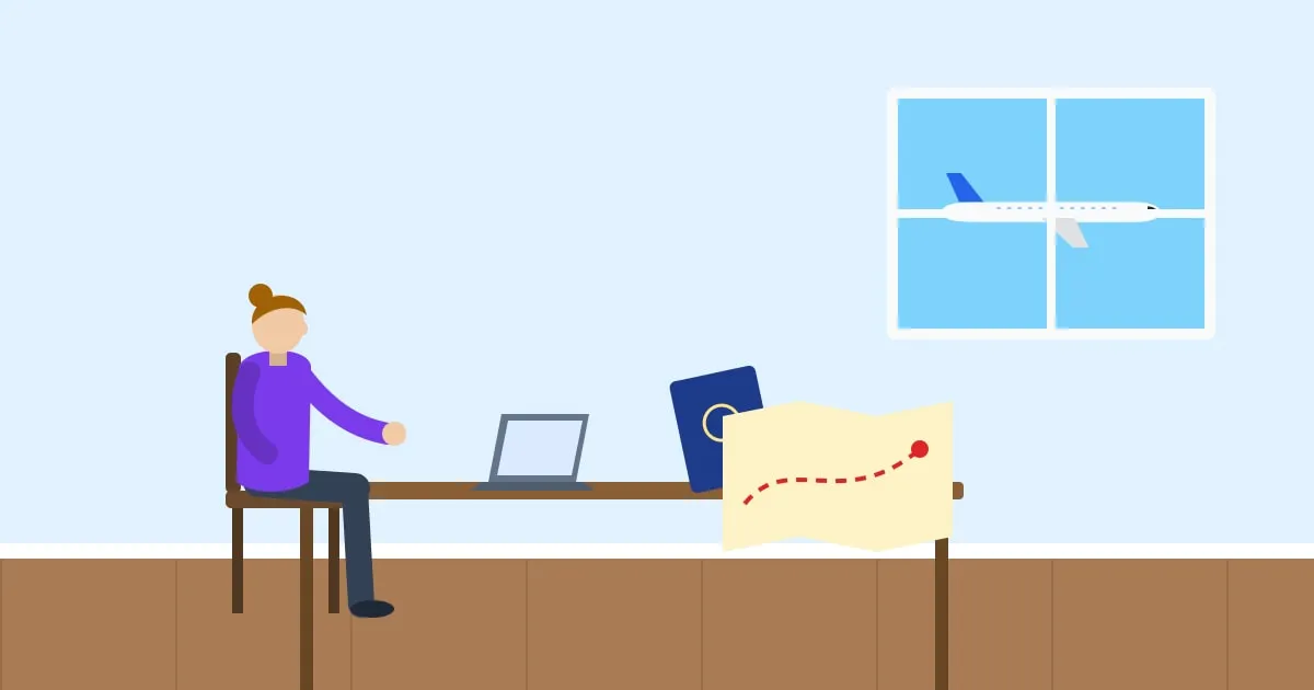 Illustration of a person booking a trip on a laptop with a passport and a map on the table