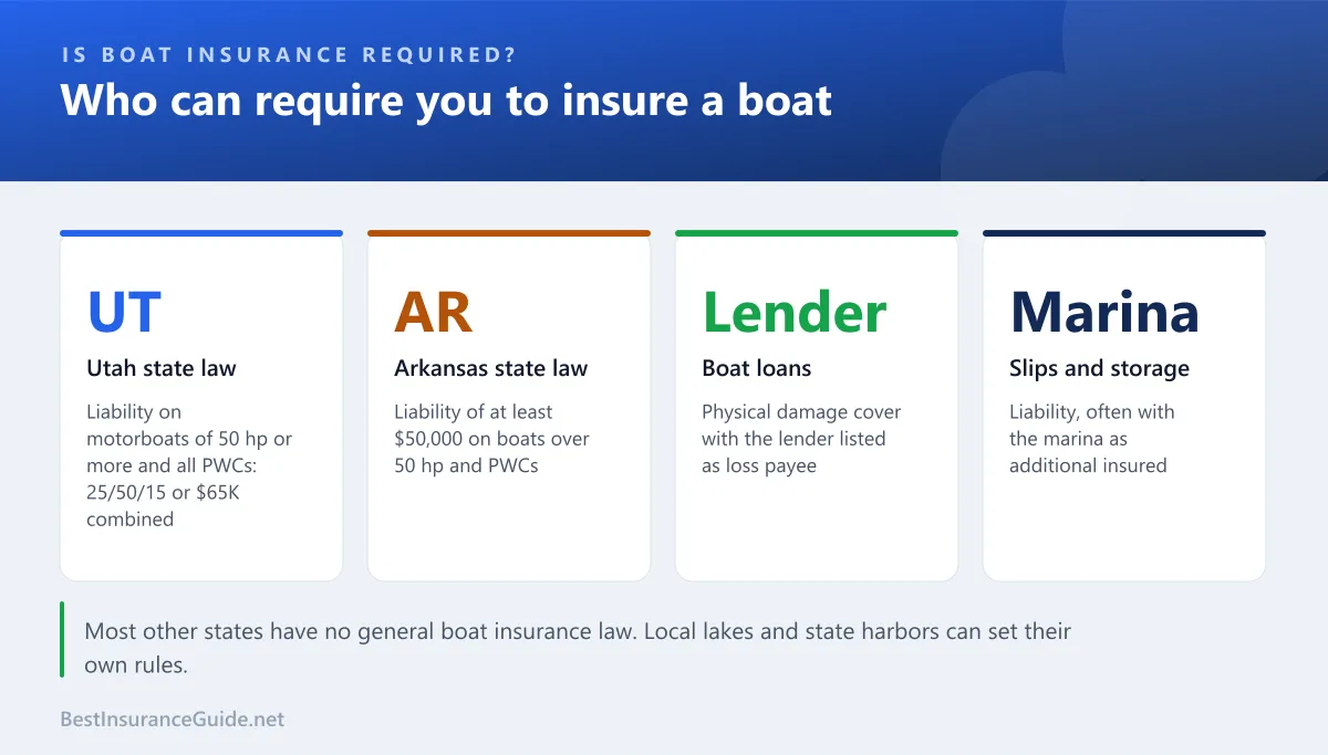 Panel of the main situations that require boat insurance: Utah law, Arkansas law, lenders and marinas