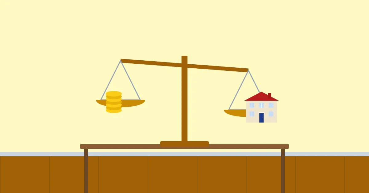 Illustration of a balance scale weighing a stack of coins against a small model house