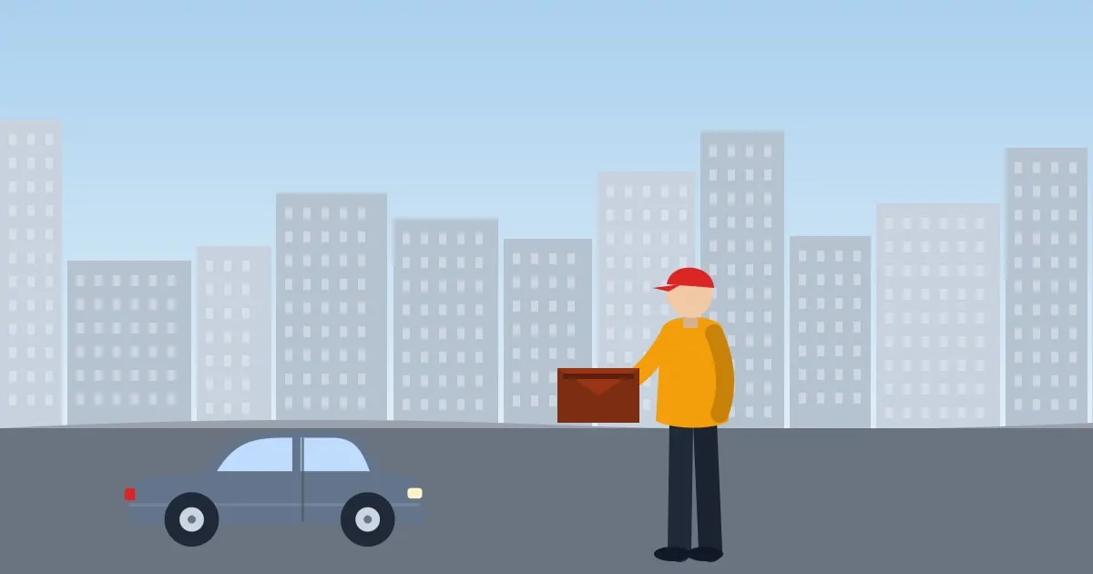 Illustration of a young driver holding an empty wallet beside a used car