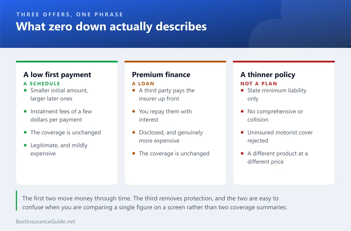 Comparison panel showing the three different arrangements marketed as zero down car insurance and what each actually does